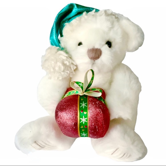 🆕 1st & Main White Plush Teddybear w/Metallic Santa Hat & Present NWT - Picture 8 of 9